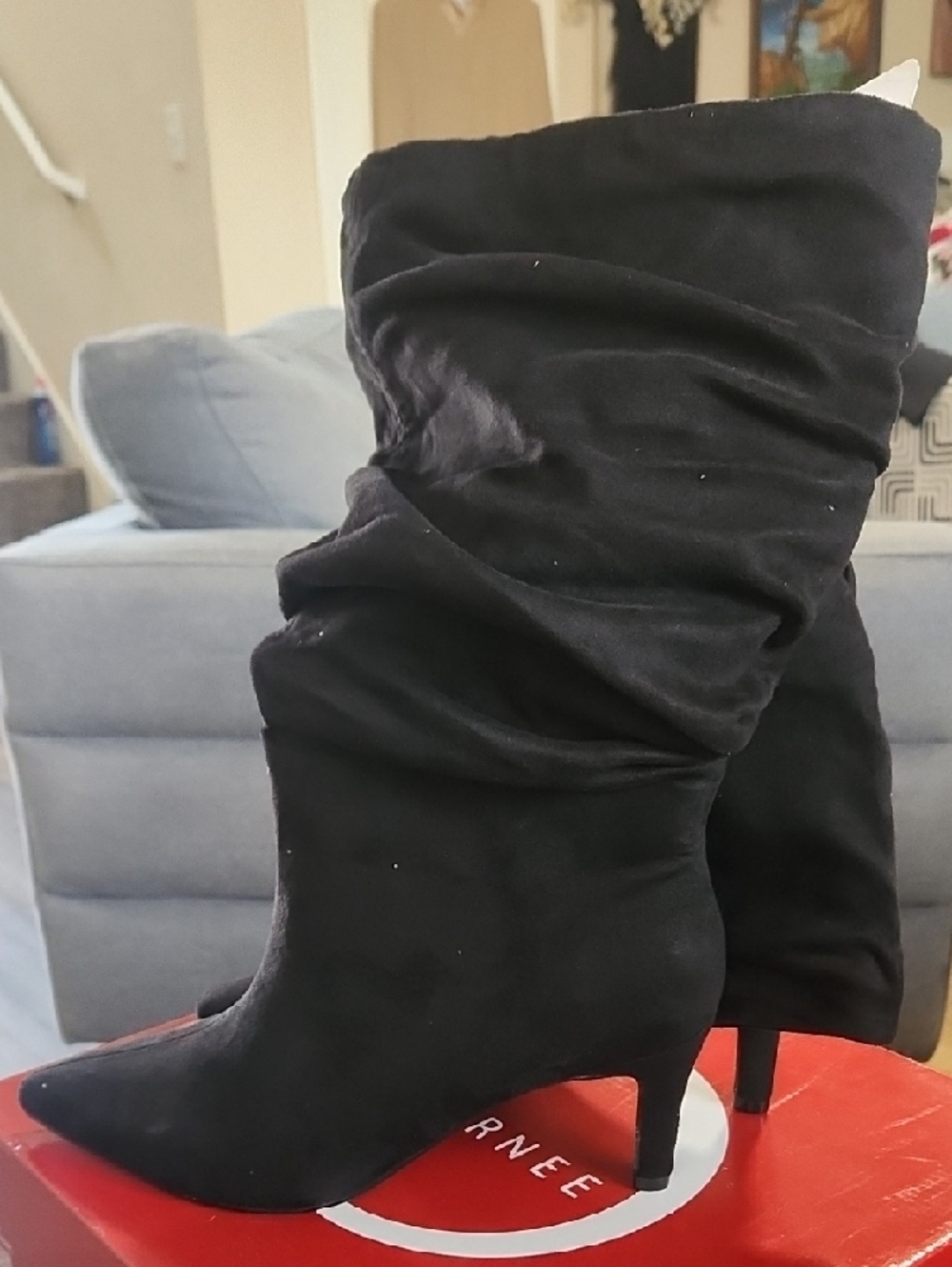 Journee Collection Black Slouchy Pointed Toe Mid-Calf Heeled Boots - Picture 4 of 10